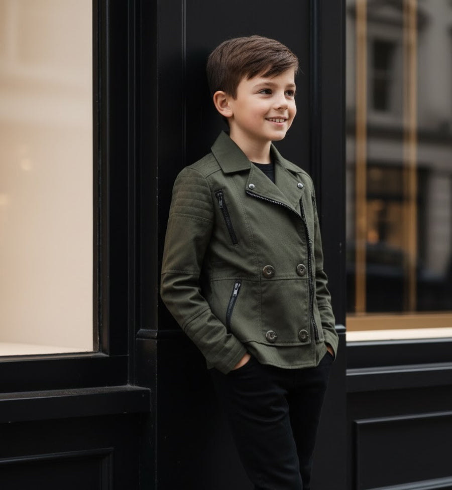 Boys' military Spring Autumn Jacket Cotton Wool Blend Green Black Coat 4-9Y