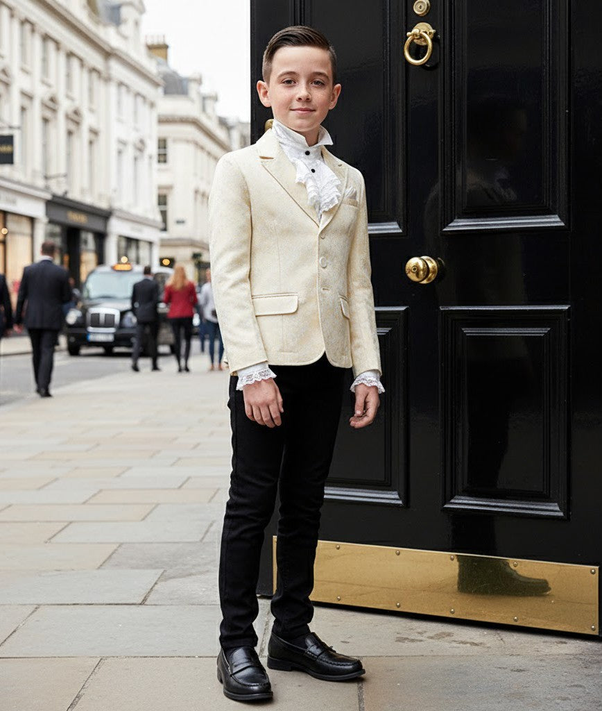 Boys' Gold Jacquard Blazer – High-End Formal Suit Jacket for Ages 8-12 Years