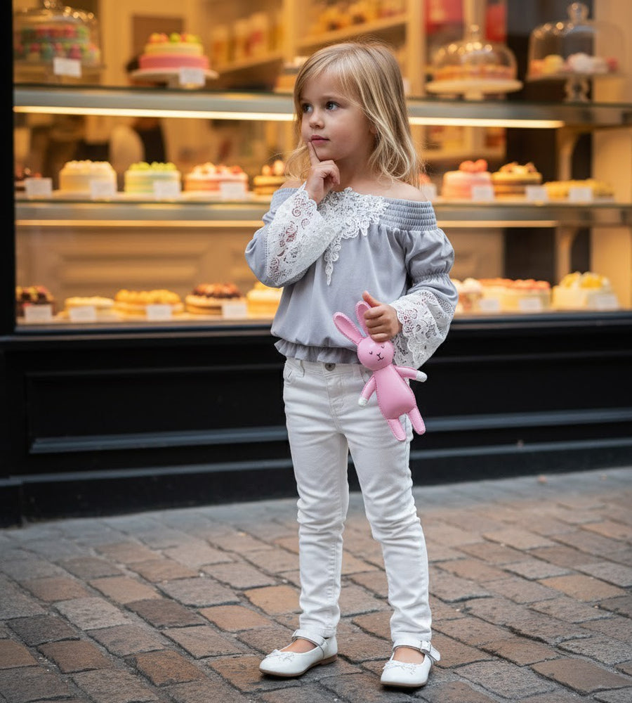 Girls Soft Modal T-Shirt with Vintage Lace  White & Light Grey summer top 3-7Y