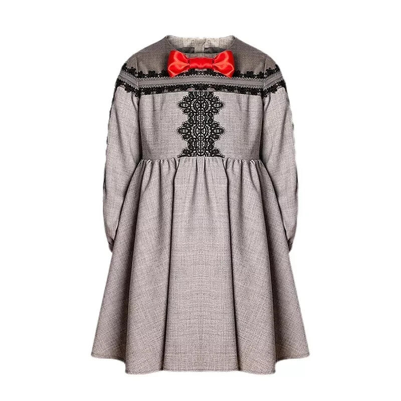 Girls’ Grey Velvet-Cotton long Dress Vintage Black Lace  3–10Y christmas gift