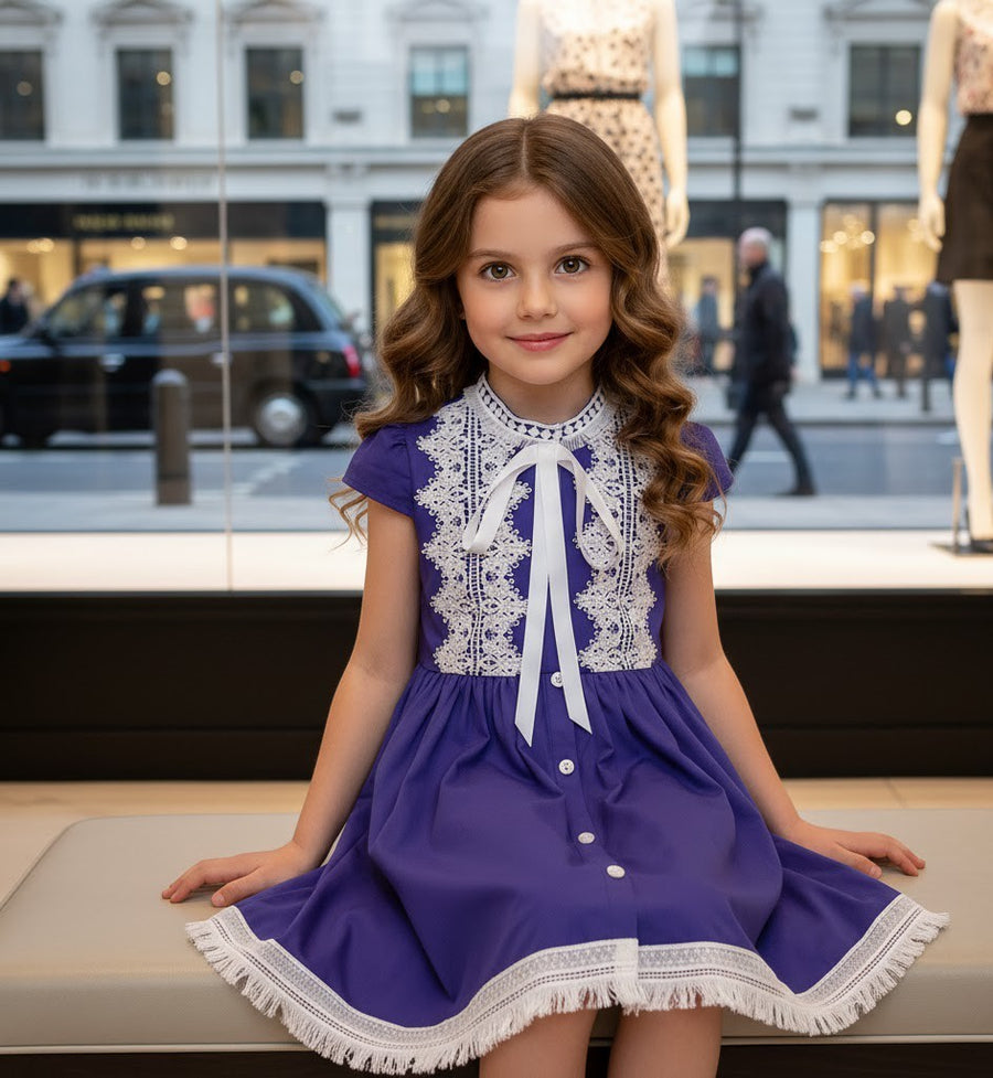 Girls Vintage Bright Blue Dress with White Lace – Soft Cotton, Ages 3-5 Years
