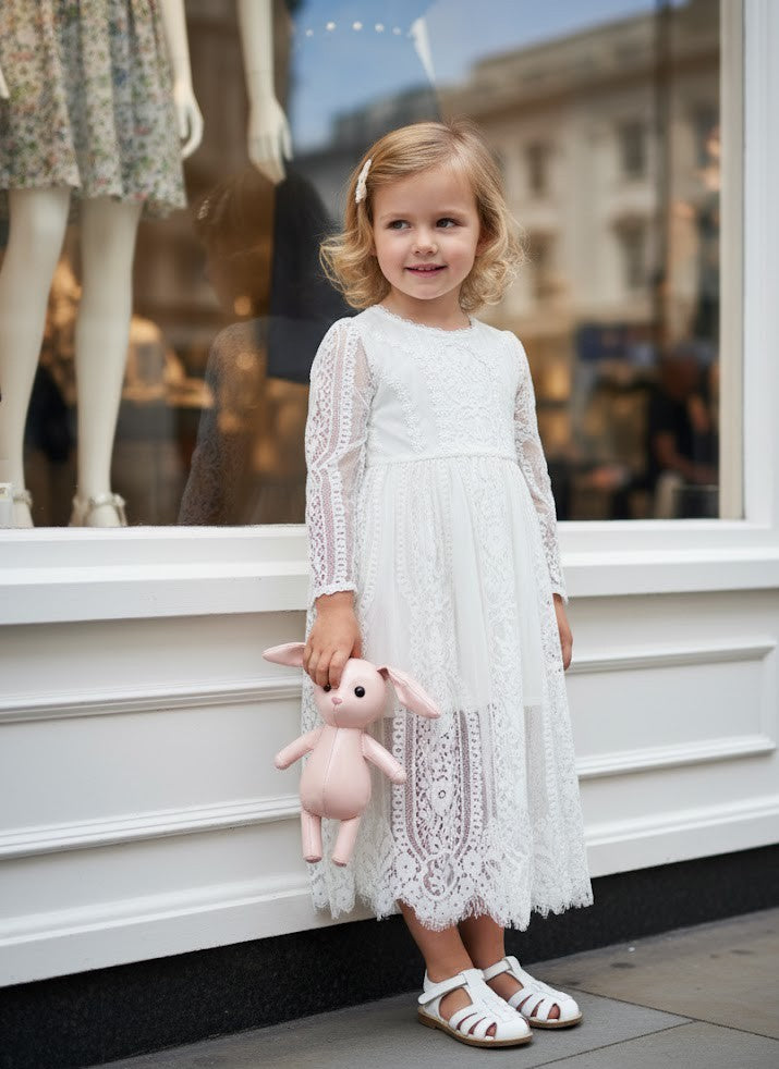 Vintage snow white Long Lace Fairy Dress for Girls Extra Long Hollow Design 2-4Y