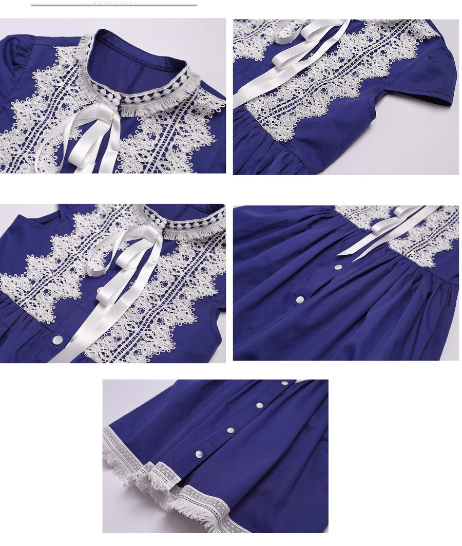 Girls Vintage Bright Blue Dress with White Lace – Soft Cotton, Ages 3-5 Years