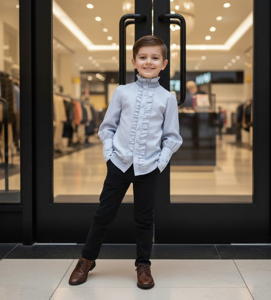 Boys' Vintage Light Blue Gray Shirt Long Sleeve 3–14Y Versatile Style easy match