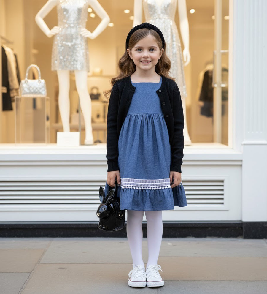 Girls Blue Cotton Dress Warm Layered Long Sleeve Outfit for Kids 3–9Y all season