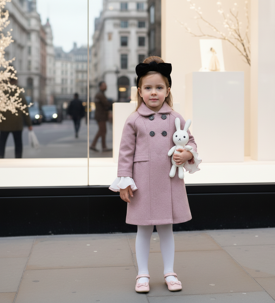 Girls' Woolen Winter long Coat  beautiful Warm Jacket Grey/Pink 3–9 Years