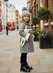 Girls Light Gray Wool Coat with Detachable Ruffled Cuffs – Elegant & Warm 3-9Y