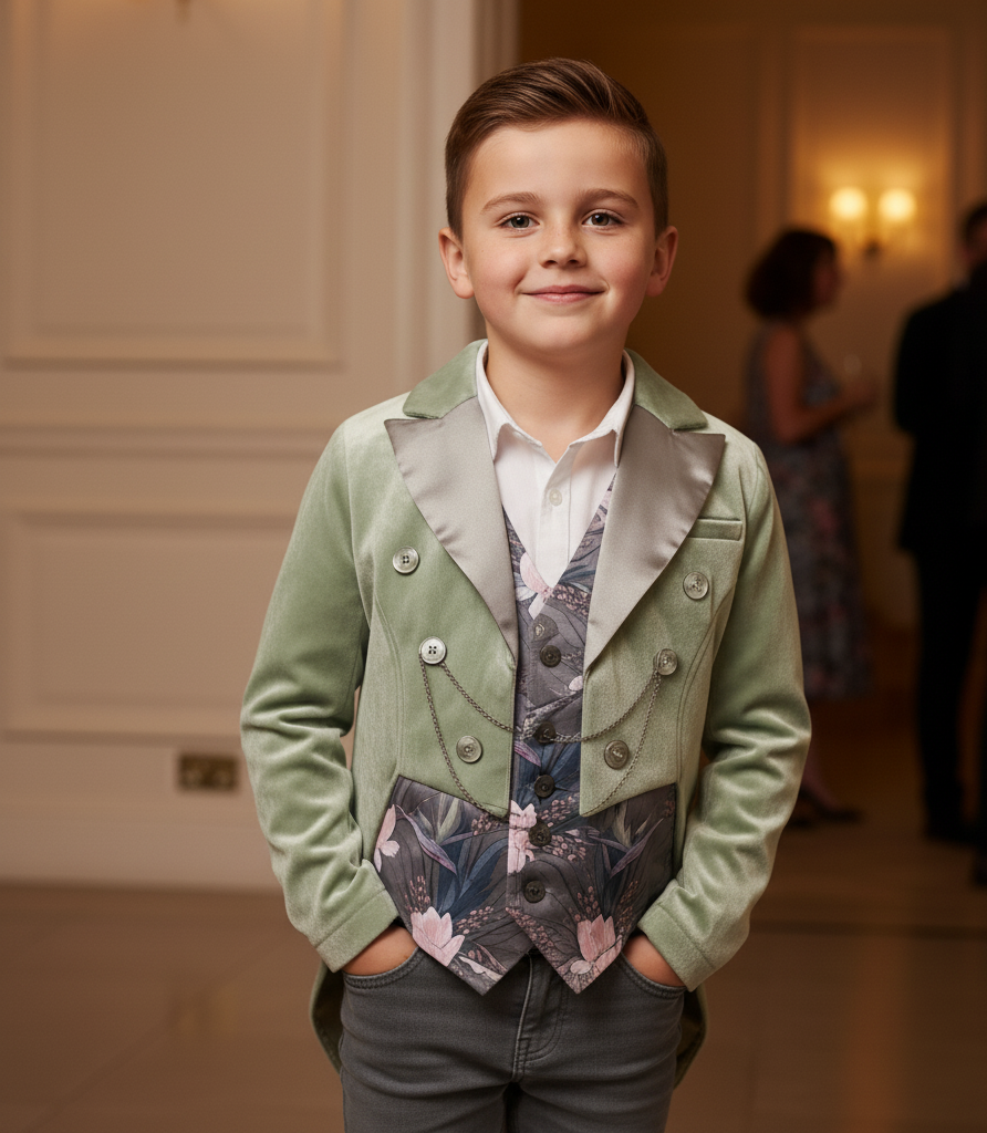 Boy's Formal Velvet Tuxedo Blazer Light Green Slim Fitchristmas party wear 4-12Y