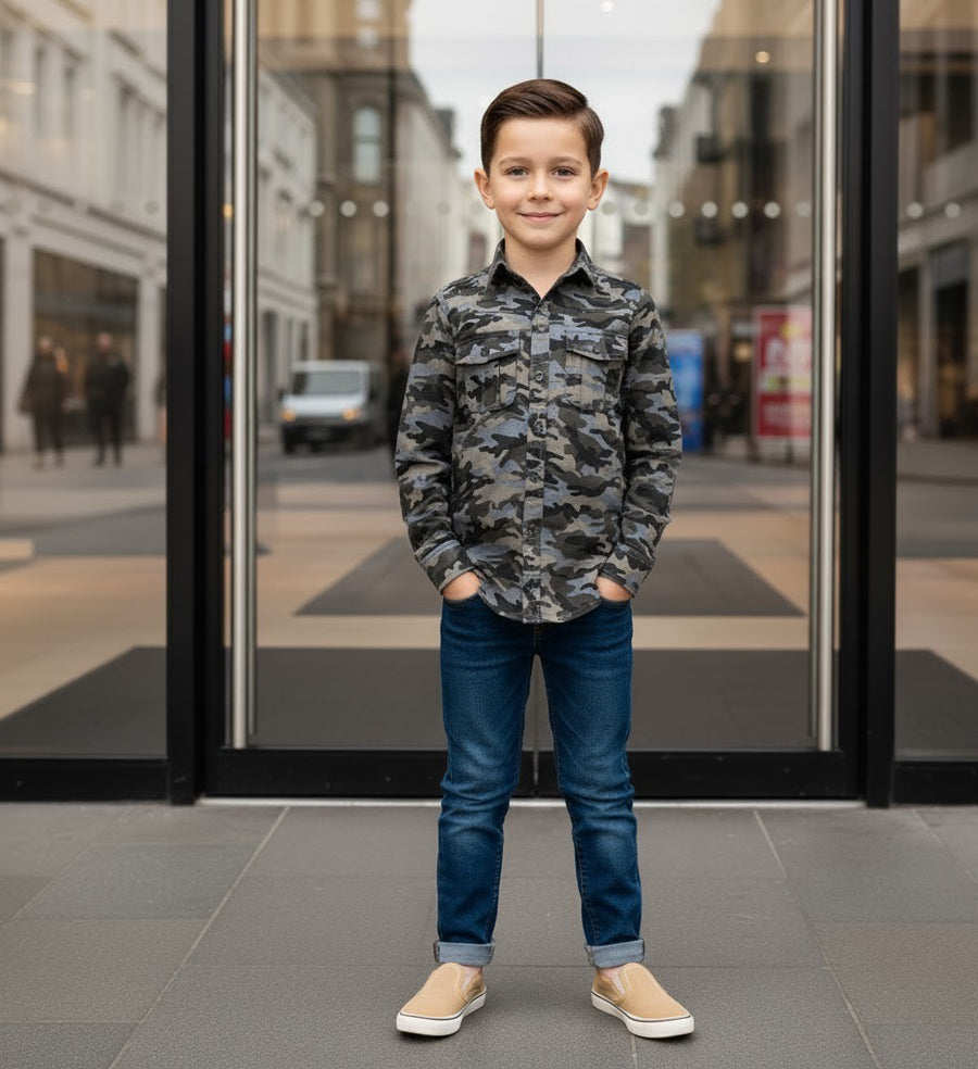 Boys Smart Casual Shirt Military Design Cotton Long Sleeve Top Ages 4-9Y School