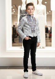 Boys Silver Brocade Tailcoat Suit Tuxedo 6–14Y Vintage Formal blazer Xmas Party