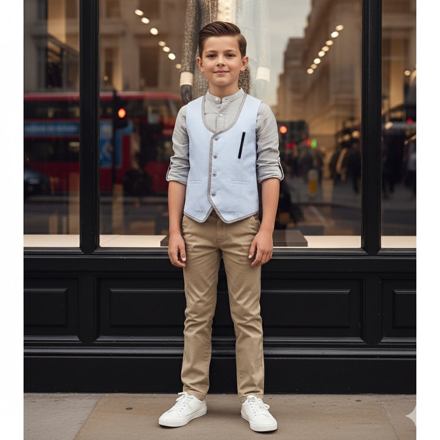 Boys Light Blue Cotton Vest Vintage Casual Style waistcoat 3–7 Y party wear XMAS