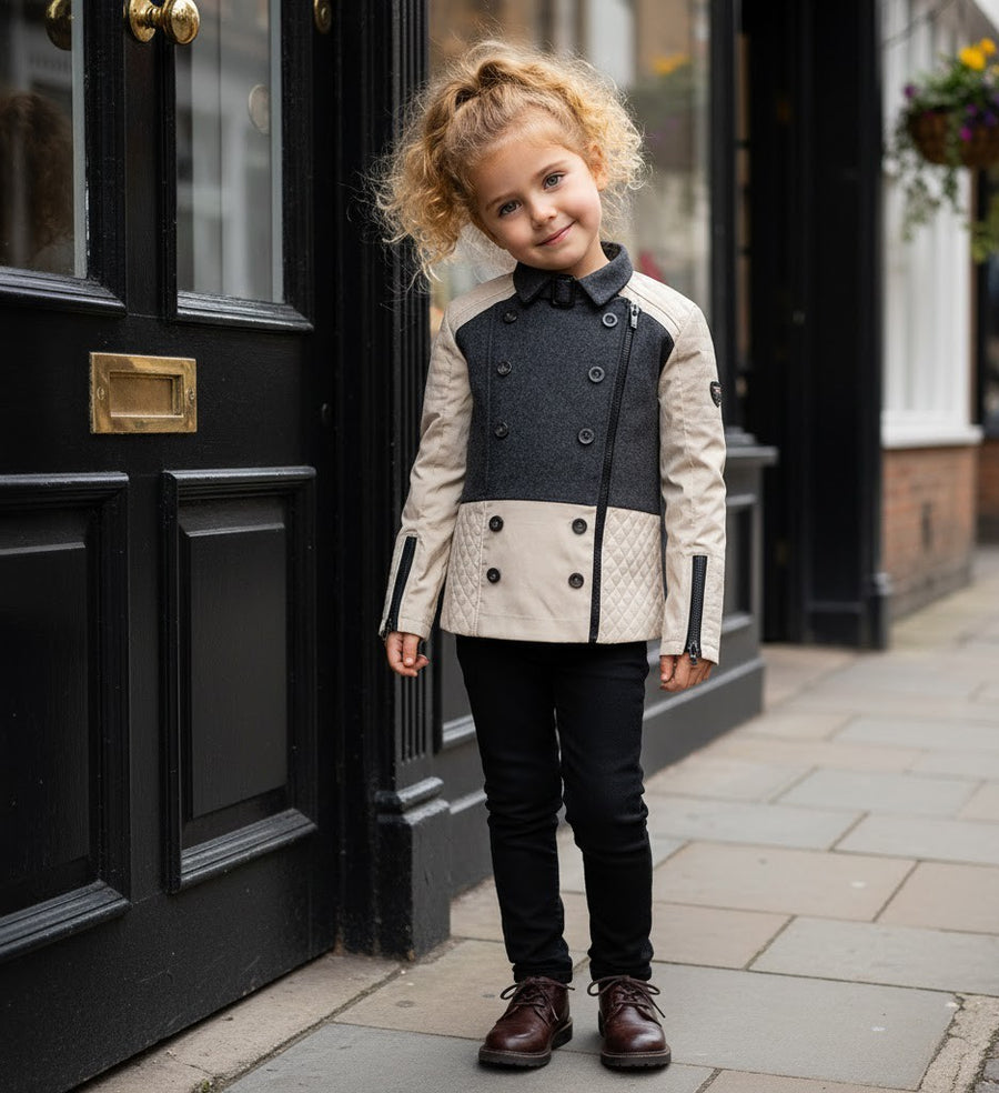Girls Color Block short Trench Coat 4-12Y beige & Dark Gray autumn jacket kids