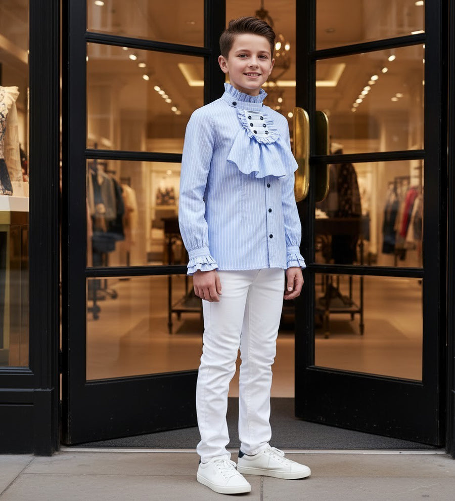 Boys' Light Blue Shirt  Vintage Style  Removable Collar party top 4–14 Y XMAS