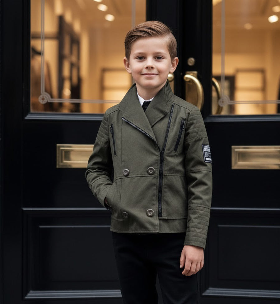 Boys' military Spring Autumn Jacket Cotton Wool Blend Green Black Coat 4-9Y