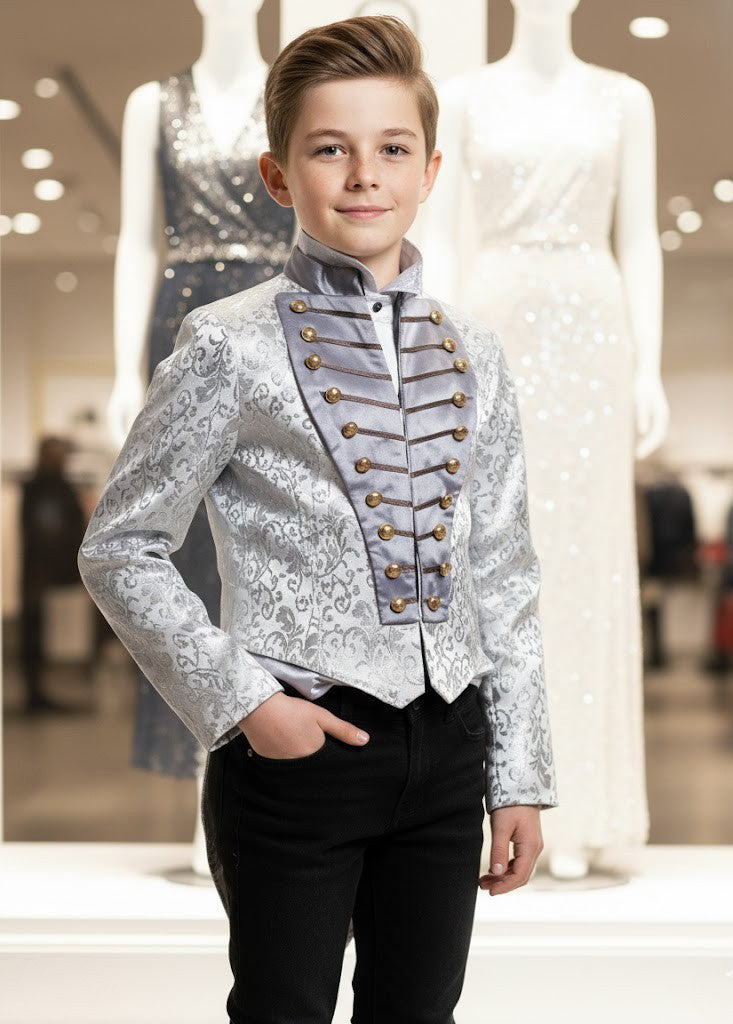 Boys Silver Brocade Tailcoat Suit Tuxedo 6–14Y Vintage Formal blazer Xmas Party