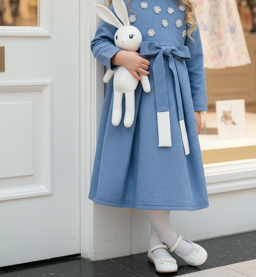 Girls blue Cotton Dress vintage long skirt Cotton Lining princess party  Xmas