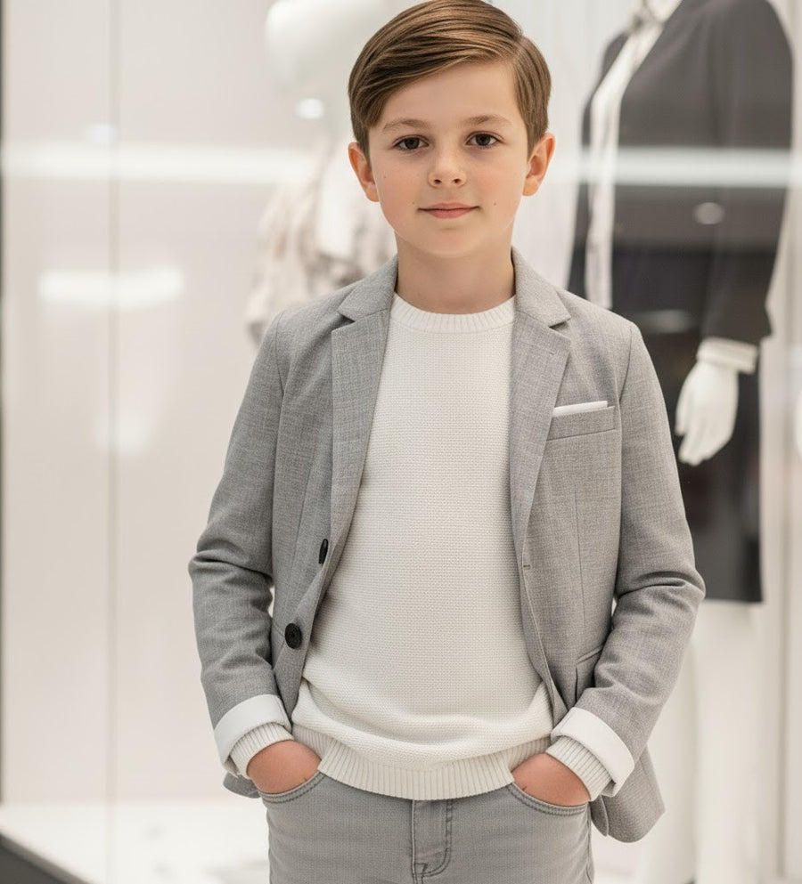 Boys grey Casual Blazer with Double Cuffs Short Suit Jacket 3–10 Y party XMAS