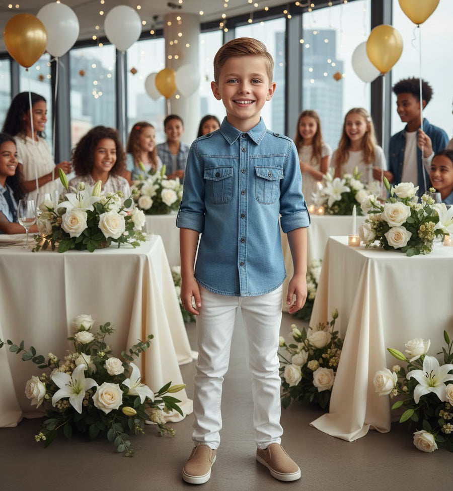 Boys Smart Casual Shirt Military Design Cotton Long Sleeve Top Ages 4-9Y School