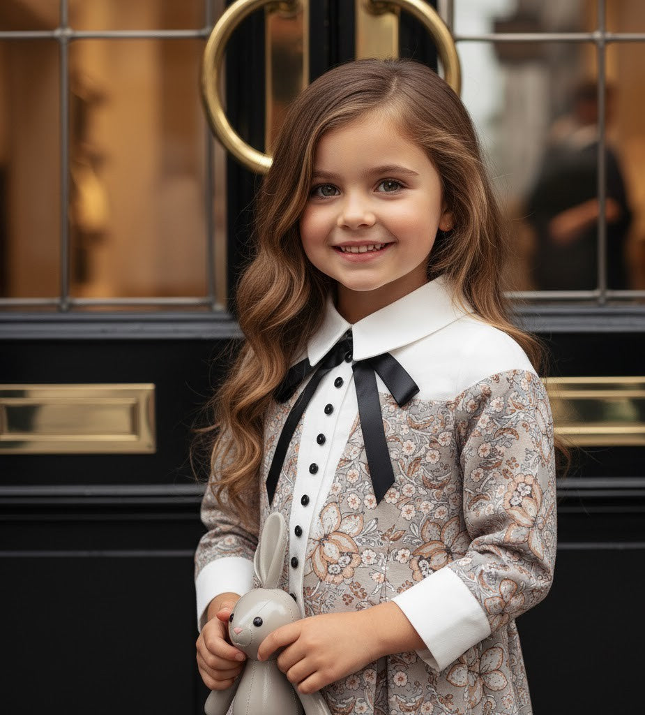 Vintage Floral Patchwork Doll Collar Dress girls 3-7Y  Elegant A-line Mid-Sleeve