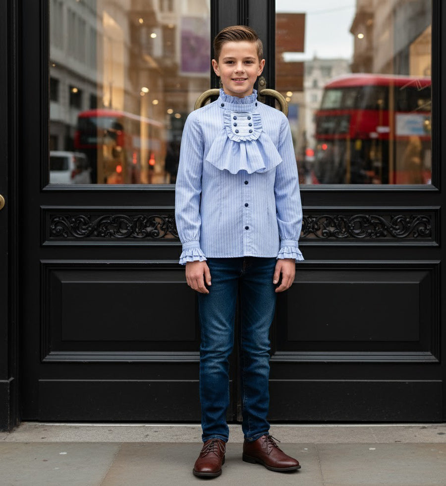 Boys' Light Blue Shirt  Vintage Style  Removable Collar party top 4–14 Y XMAS