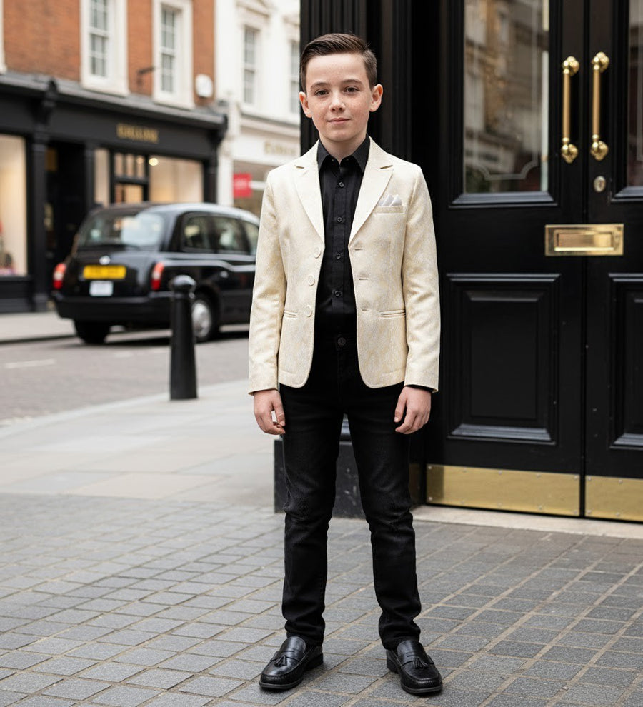 Boys' Gold Jacquard Blazer – High-End Formal Suit Jacket for Ages 8-12 Years