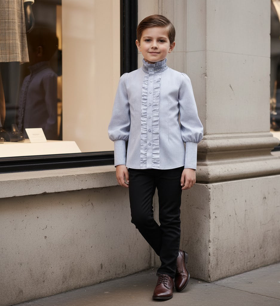 Boys' Vintage Light Blue Gray Shirt Long Sleeve 3–14Y Versatile Style easy match