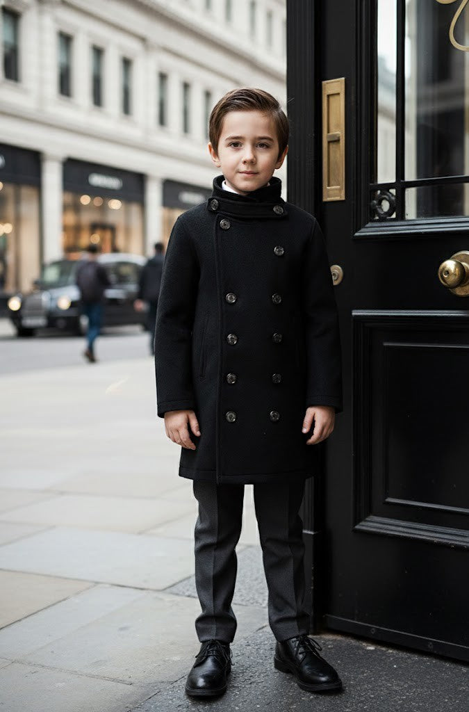 Boys Black Cashmere Coat Stylish & high end vintage jacket Outerwear 3-12Y