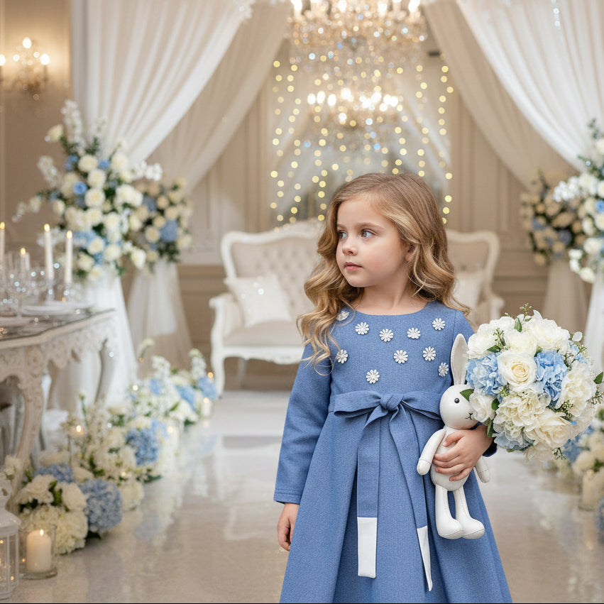 Girls Vintage Blue Cotton Dress with Lining – Elegant Long Princess Dress for Parties & Special Occasions (Ages 3–10)