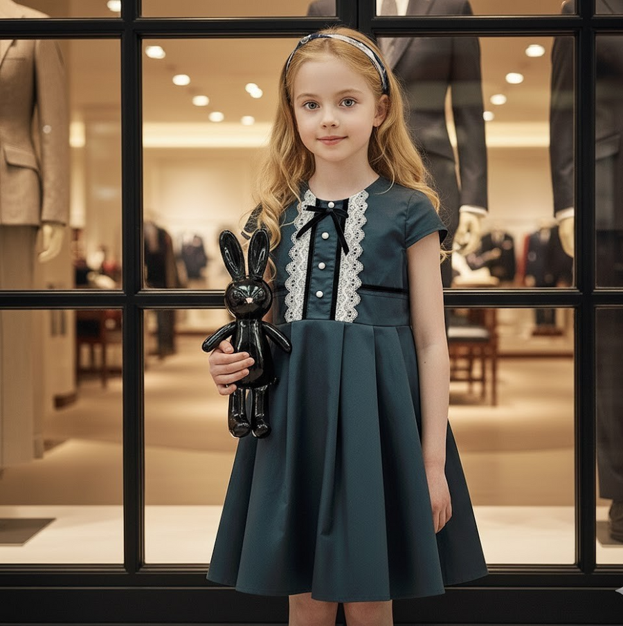 Girls Vintage dark green Dress beautfiful White Lace Cotton long dresses 3-7Y