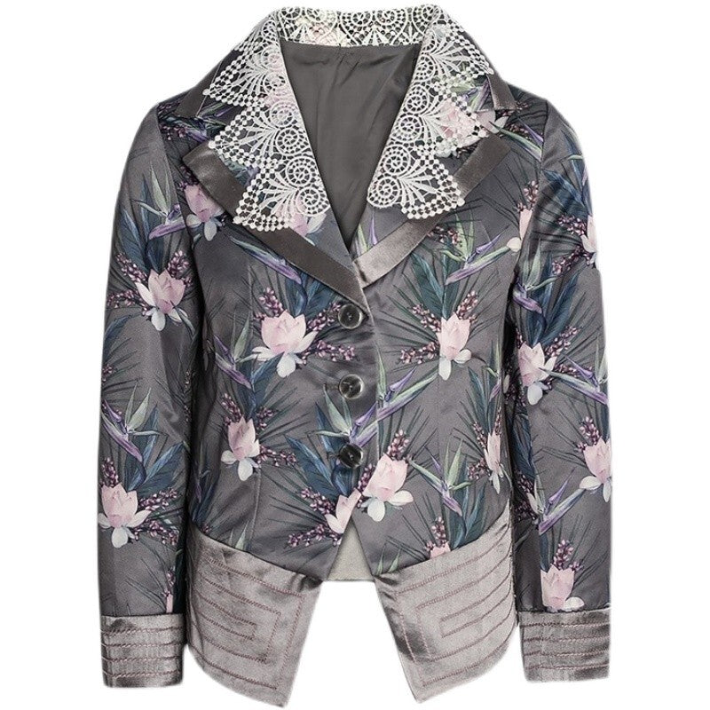 Girls Velvet Blazer 3-4-5-6-7-8-9ys Silver Grey floral Jacket with Lace Collar