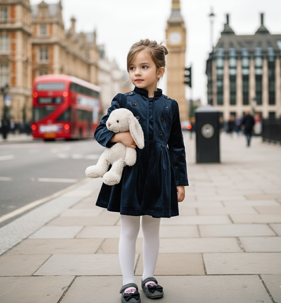 Girls Trench Coat Dress 3-4-5 y 2025 new Vintage Navy blue Velvet A-Line dress