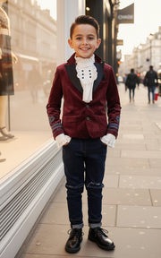 Boys Dark Red Velvet Blazer Vintage Style with Lace party xmas wear 6–14 Yrs