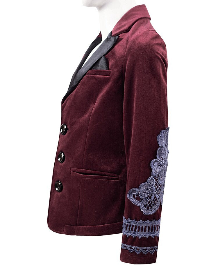 Boys Dark Red Velvet Blazer Vintage Style with Lace party xmas wear 6–14 Yrs