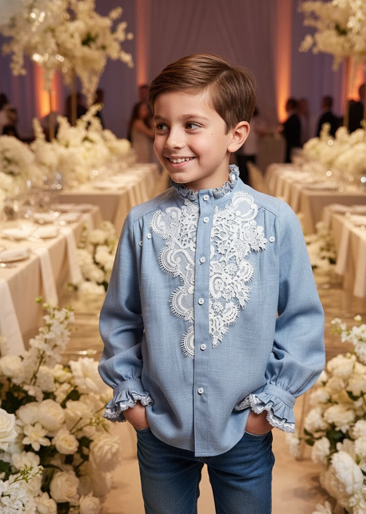 Boys Blue Lace Long Sleeve Shirt, Vintage Style Special Occasions 6-7 year 130cm
