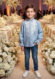 Boys Blue Lace Long Sleeve Shirt, Vintage Style Special Occasions 6-7 year 130cm