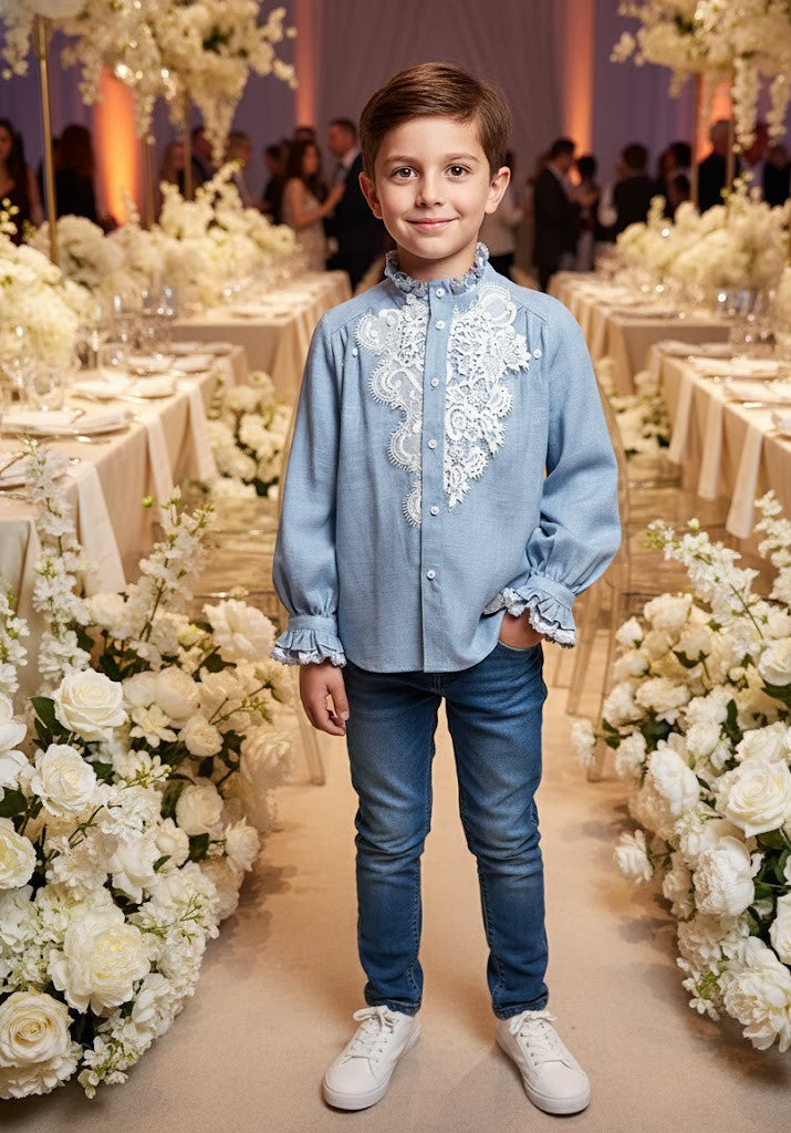 Boys Blue Lace Long Sleeve Shirt, Vintage Style Special Occasions 6-7 year 130cm