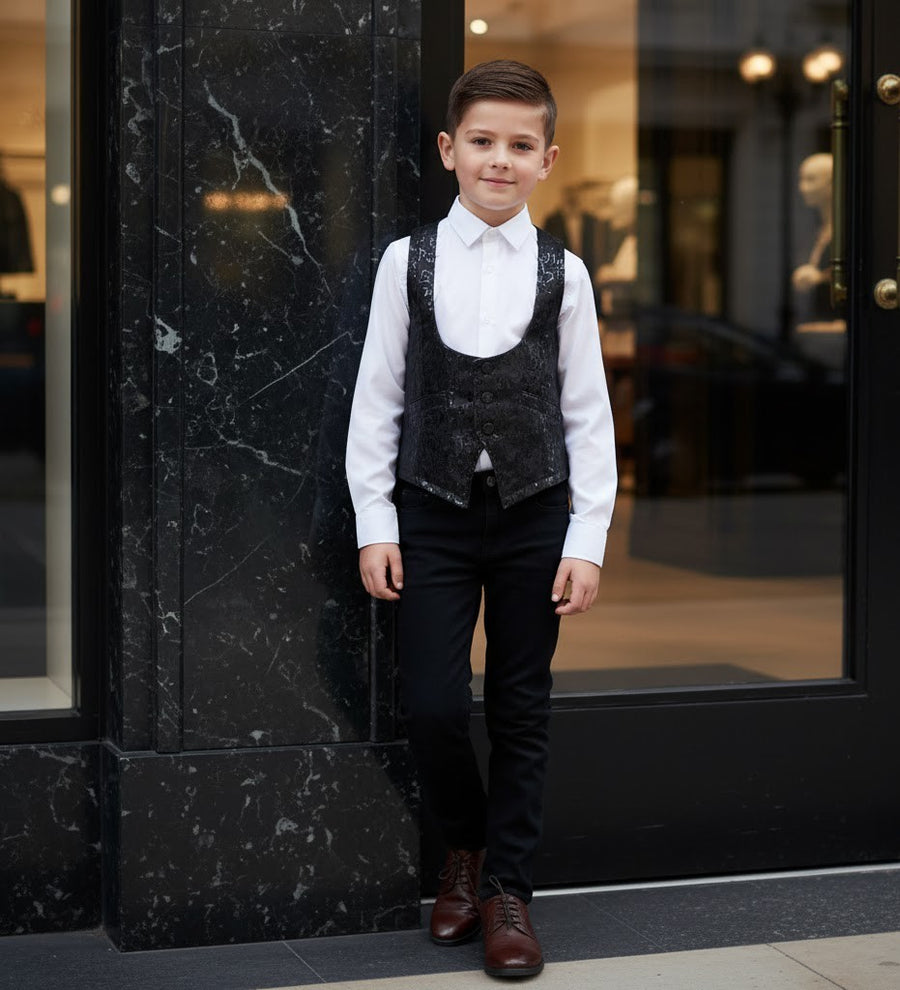 Boys Black Brocade Formal Vest Waistcoat (4–9 Years) XMAS party Wear birthday