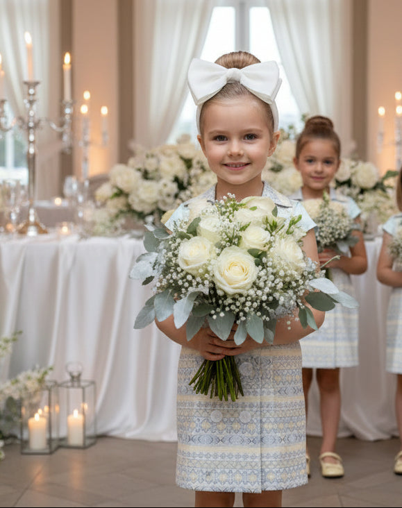 Vintage Floral Flower Girl Dress – Girls Cotton Summer A-Line Dress with Satin Sleeves for Wedding & Party (Ages 3–10)