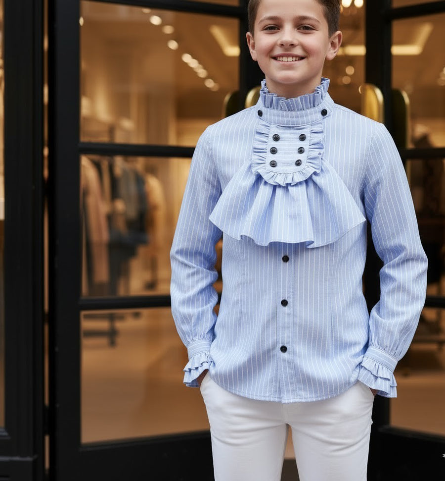 Boys' Light Blue Shirt  Vintage Style  Removable Collar party top 4–14 Y XMAS