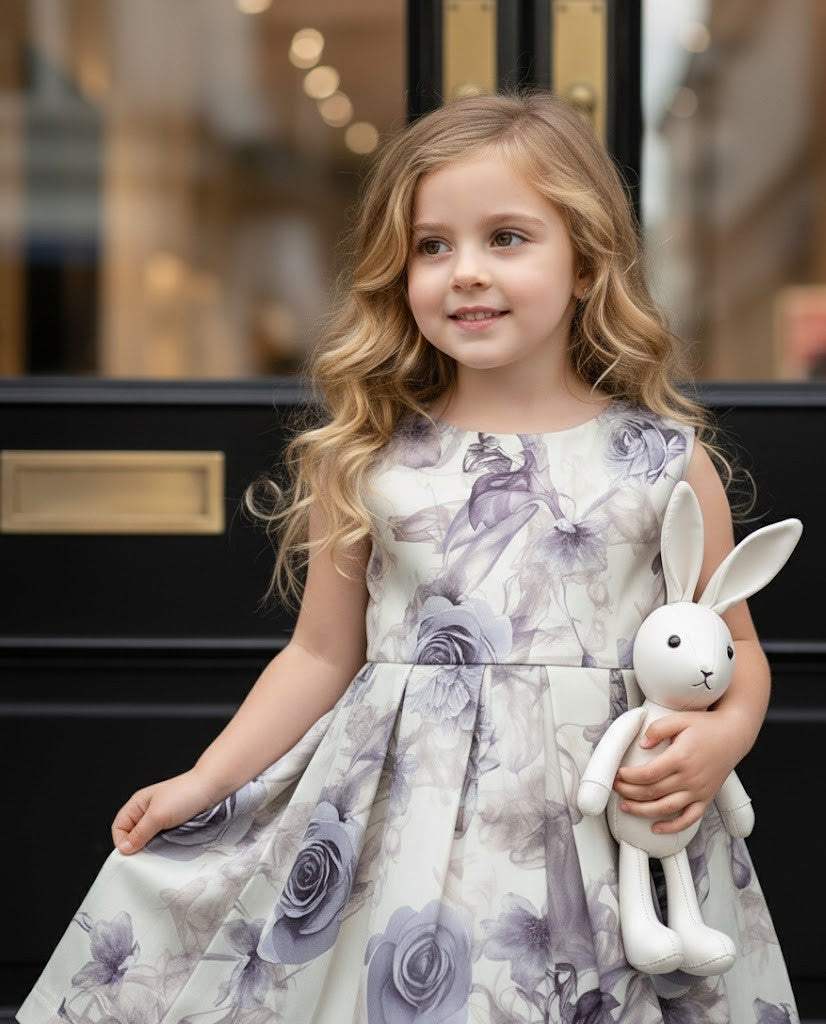 Girls Smoke Grey Sleeveless Floral Cocktail Dress with Elegant Bow