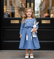 Girls blue Cotton Dress vintage long skirt Cotton Lining princess party  Xmas