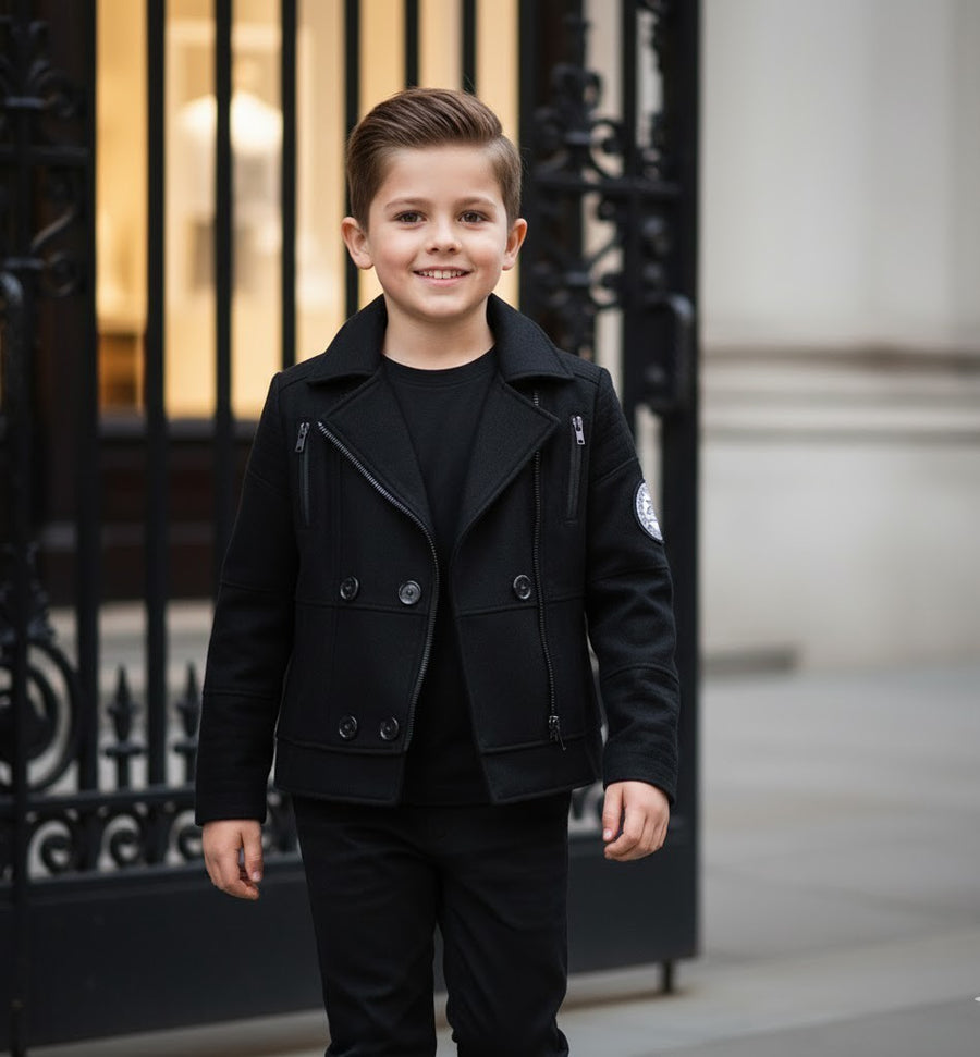 Boys' military Spring Autumn Jacket Cotton Wool Blend Green Black Coat 4-9Y