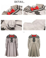 Girls’ Grey Velvet-Cotton long Dress Vintage Black Lace  3–10Y christmas gift