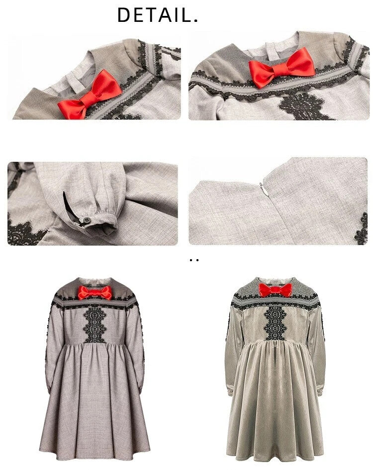Girls’ Grey Velvet-Cotton long Dress Vintage Black Lace  3–10Y christmas gift