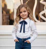 Girls Long Sleeve Cotton Blouse with Bow – Vintage Style Shirt Top