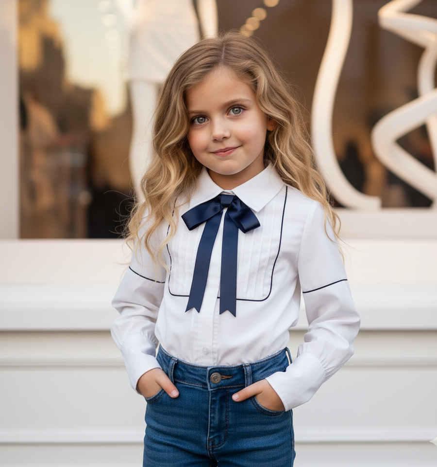 Girls Long Sleeve Cotton Blouse with Bow – Vintage Style Shirt Top