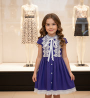 Girls Vintage Bright Blue Dress with White Lace – Soft Cotton, Ages 3-5 Years