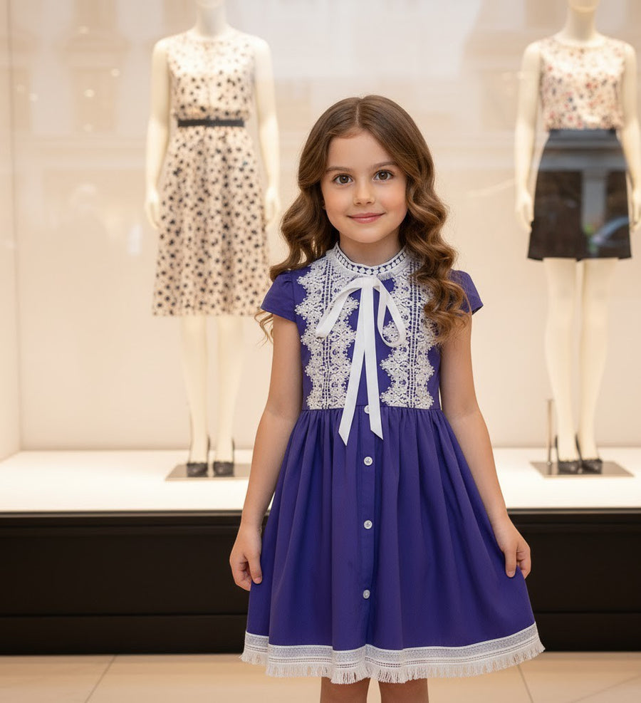 Girls Vintage Bright Blue Dress with White Lace – Soft Cotton, Ages 3-5 Years