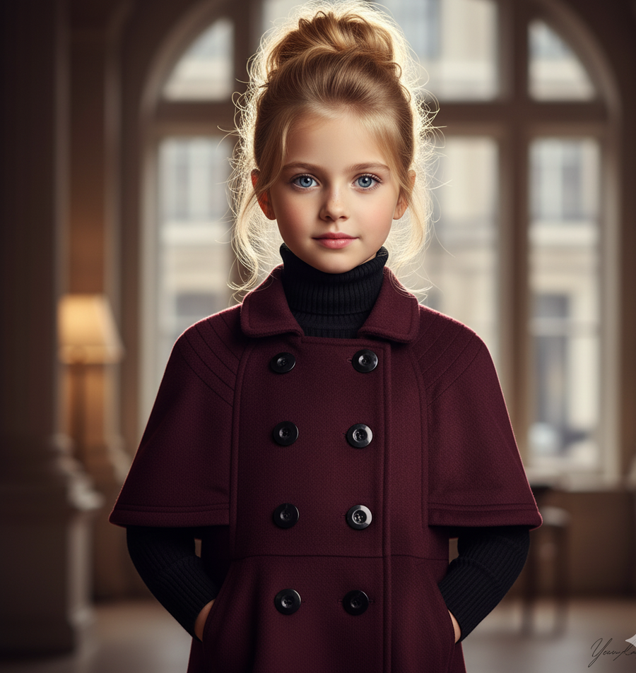 Girls' Wine Red Cashmere Wool Coat 3-9Y high end 2025 new Vintage Winter Jacket