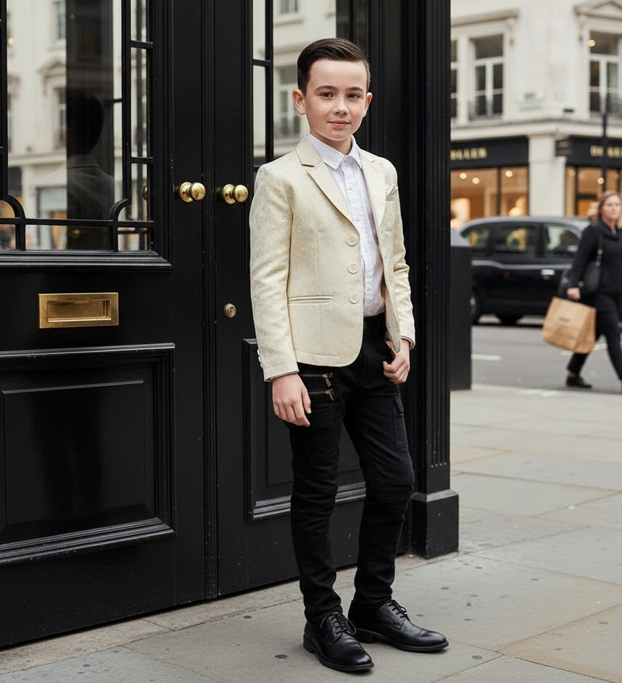 Boys' Gold Jacquard Blazer – High-End Formal Suit Jacket for Ages 8-12 Years